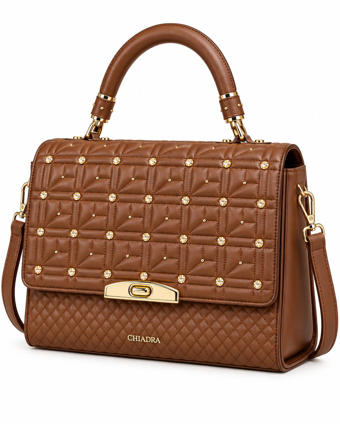 Women's Brown Quilted Rhinestone Handbag Satchel Purse Crossbody Shoulder Bag