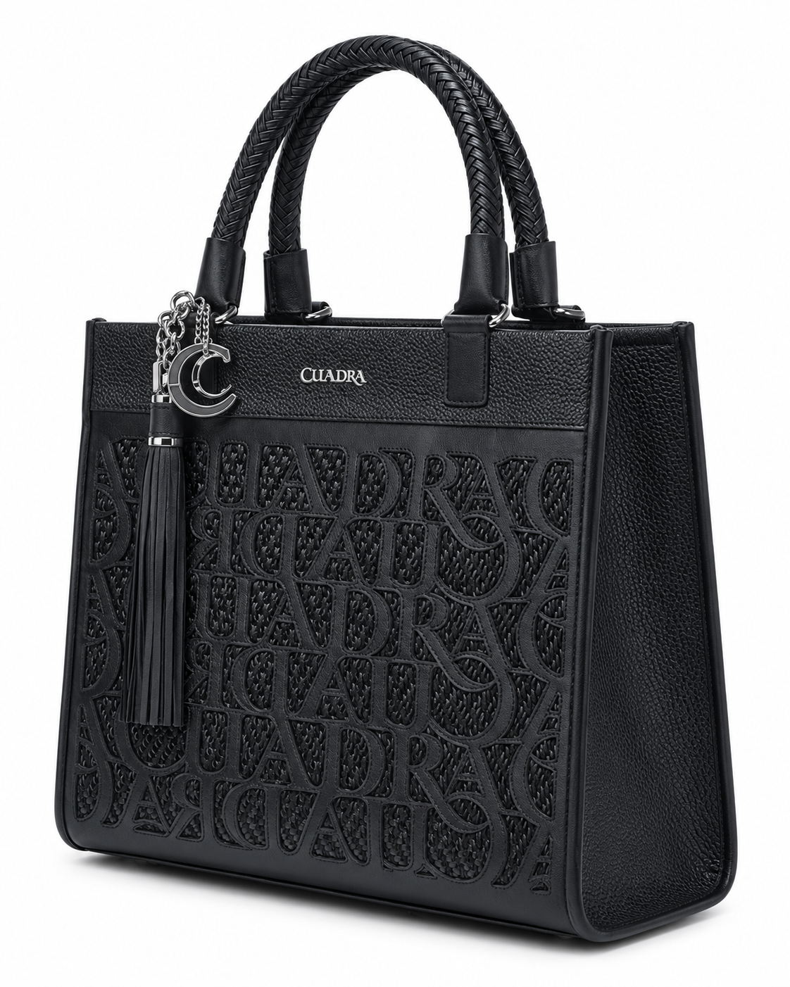 Women's Black Embossed Monogram Tote Handbag Braided Handles Tassel Purse