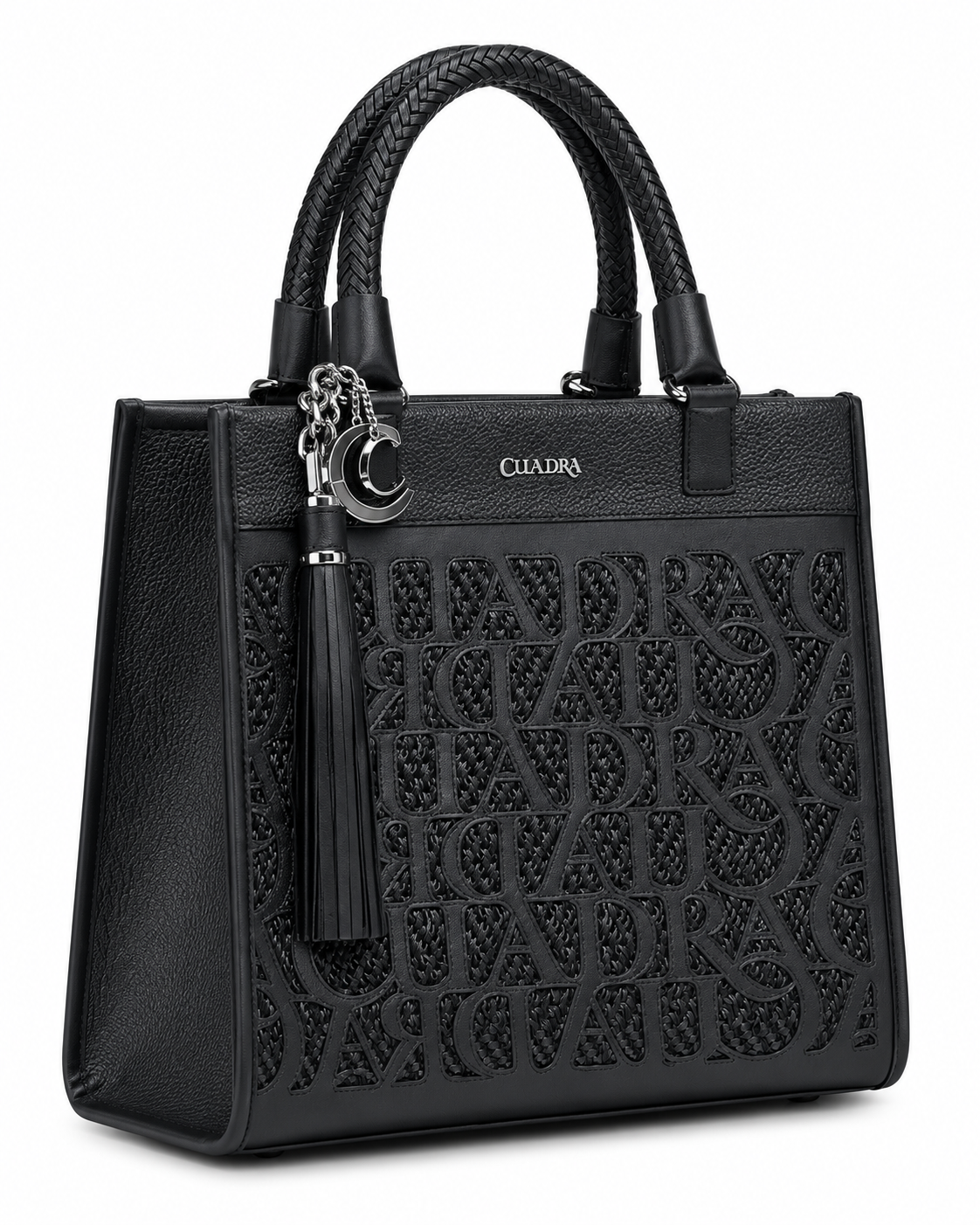 Women's Black Embossed Monogram Tote Handbag Braided Handles Tassel Purse