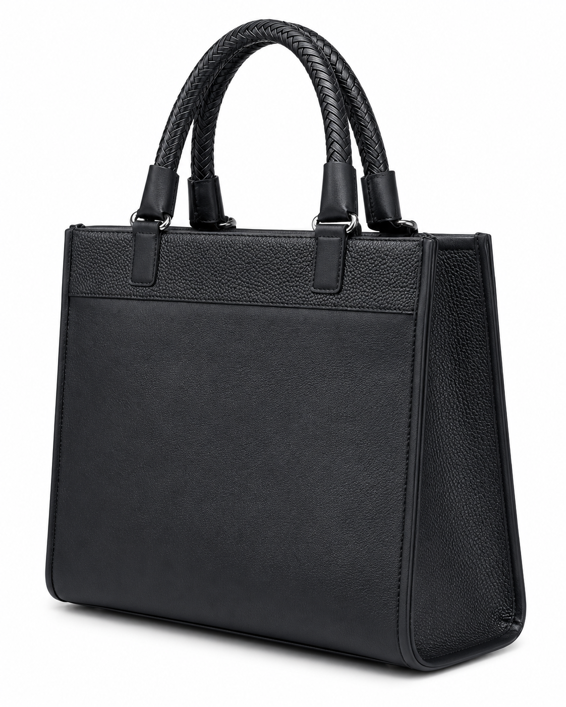 Women's Black Embossed Monogram Tote Handbag Braided Handles Tassel Purse