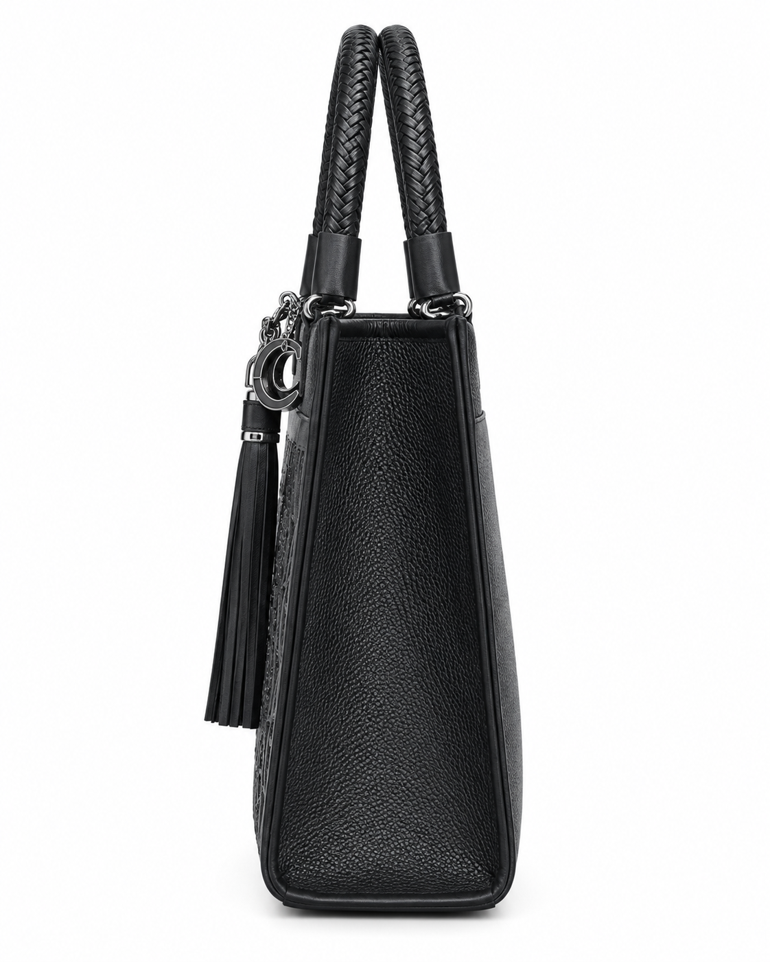Women's Black Embossed Monogram Tote Handbag Braided Handles Tassel Purse