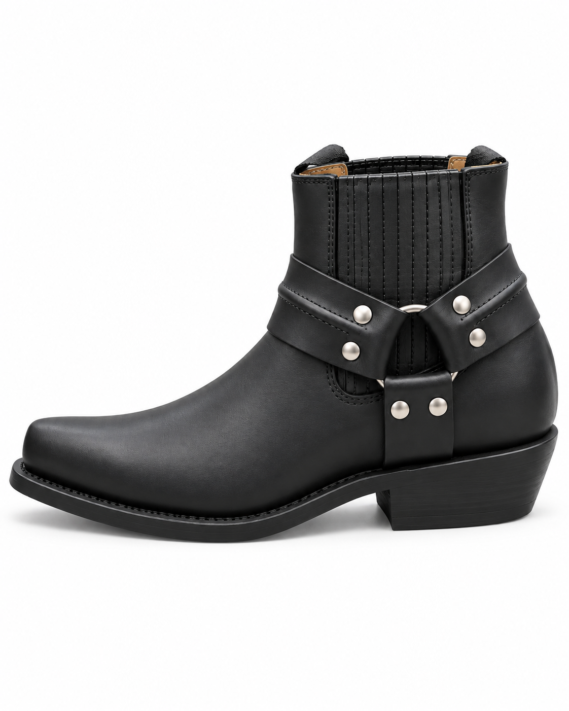 Black Western Ankle Cowboy Boots Harness Straps Metal Studs Square Toe