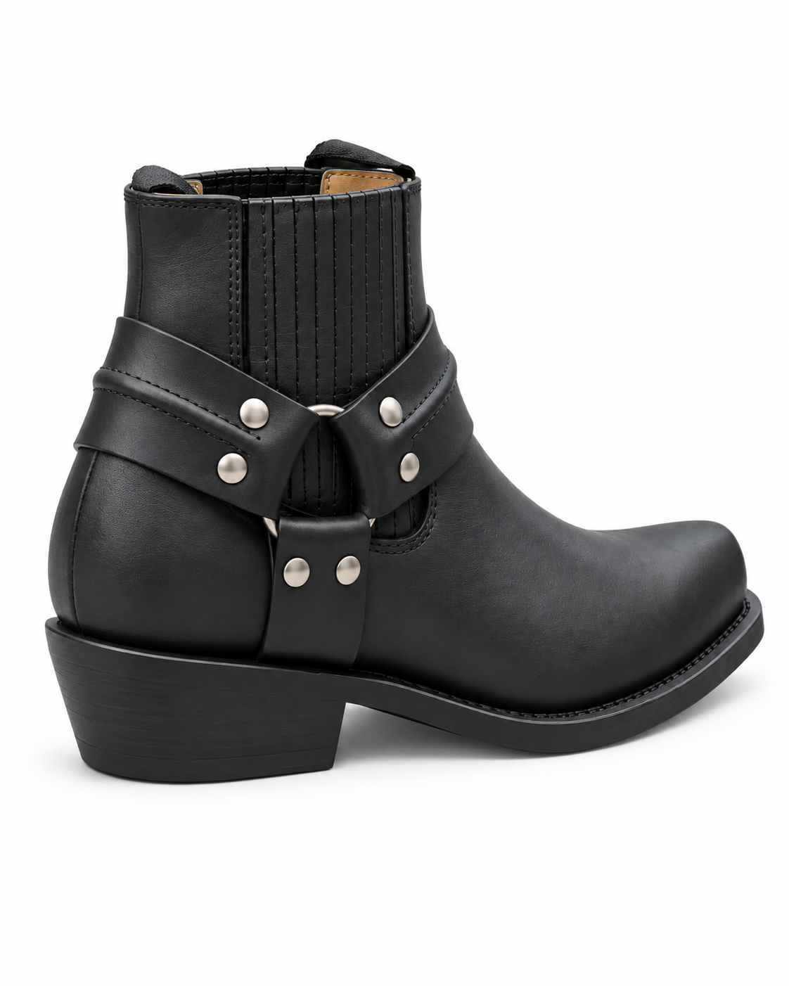 Black Western Ankle Cowboy Boots Harness Straps Metal Studs Square Toe