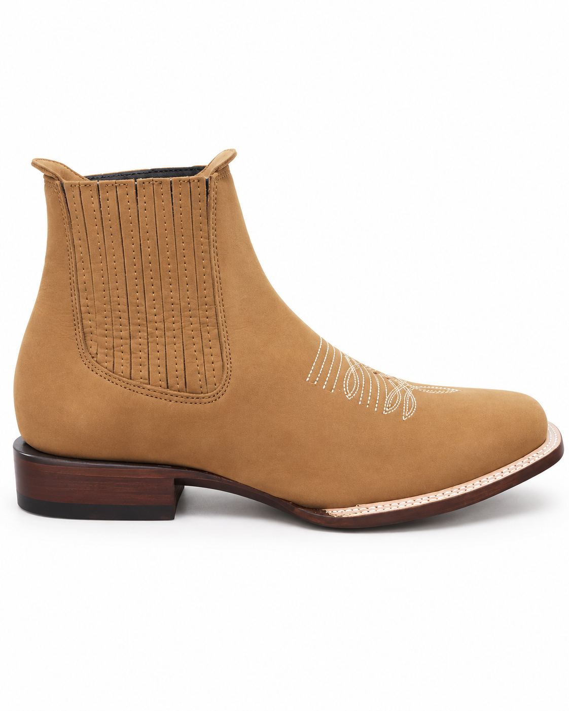 Men’s Tan Western Ankle Boots Chelsea Cowboy Boot Embroidered Square Toe