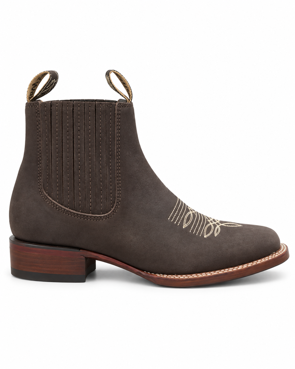 Men’s Dark Brown Western Ankle Boots Chelsea Cowboy Embroidered Square Toe