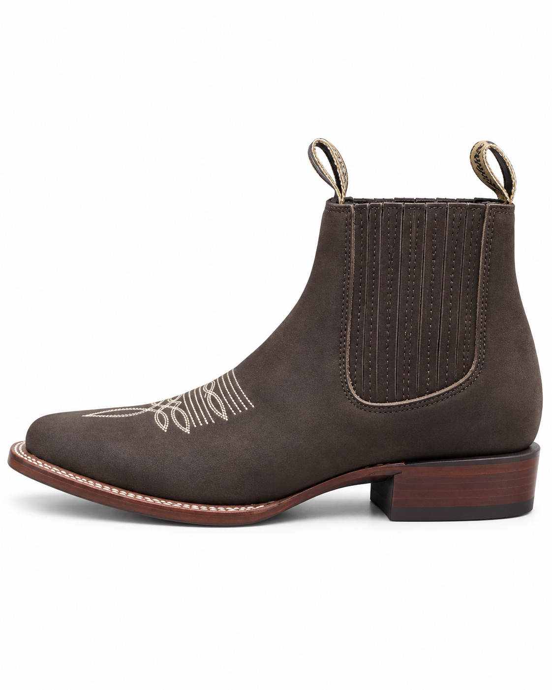 Men’s Dark Brown Western Ankle Boots Chelsea Cowboy Embroidered Square Toe