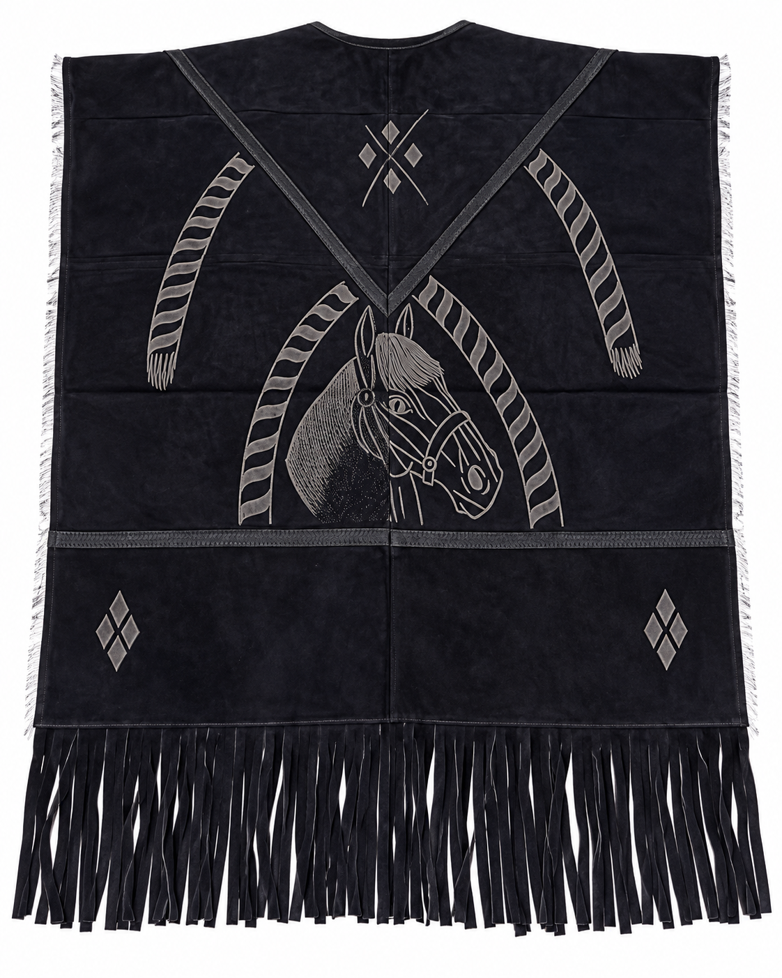 Men’s Black Western Suede Poncho Horse Design Fringe Cowboy Ranch Mexican Style