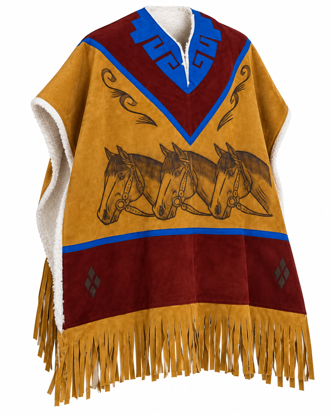 Men’s Western Cowboy Poncho Tan Burgundy Blue Triple Horse Fringe Ranch Rodeo Style