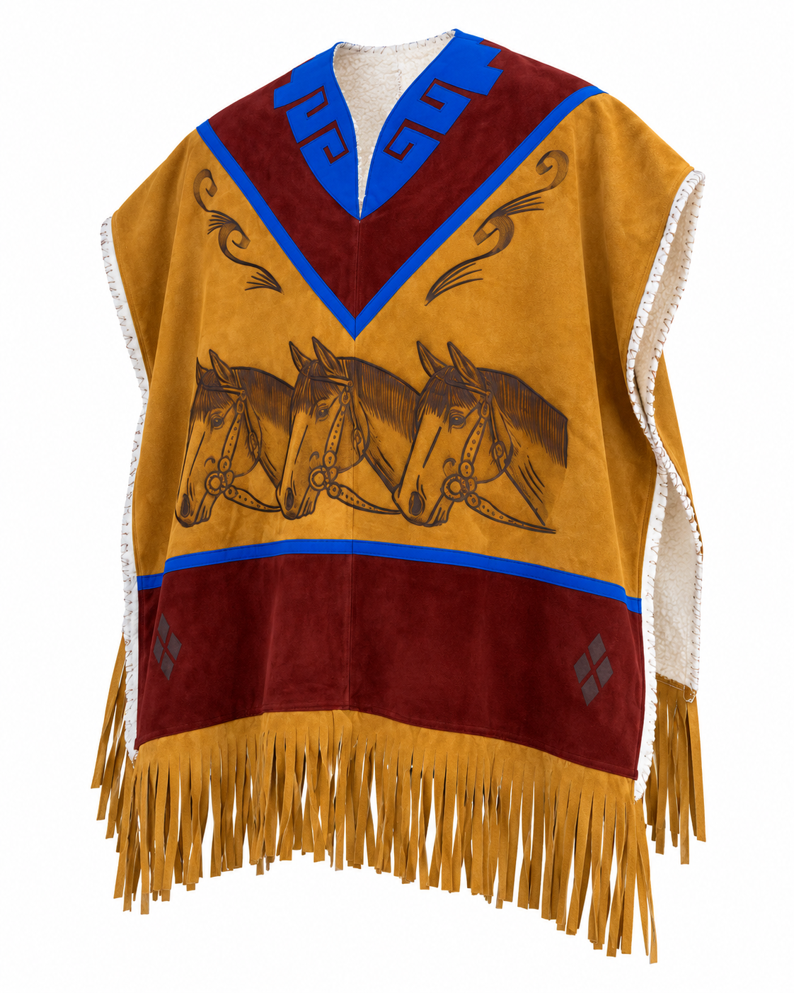 Men’s Western Cowboy Poncho Tan Burgundy Blue Triple Horse Fringe Ranch Rodeo Style