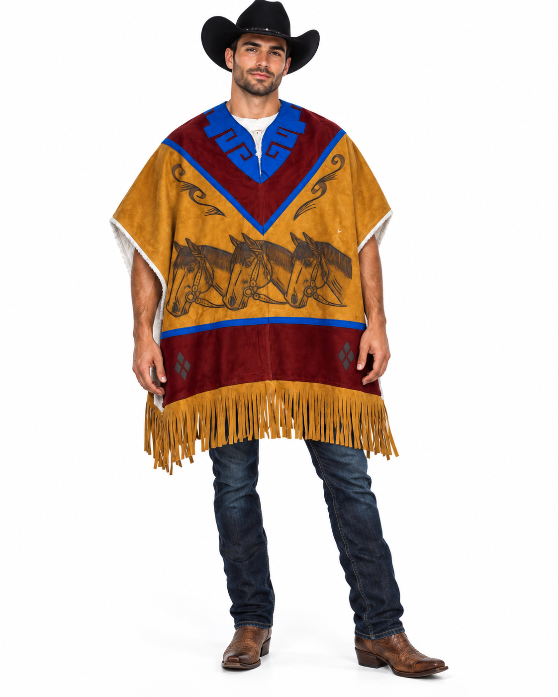 Men’s Western Cowboy Poncho Tan Burgundy Blue Triple Horse Fringe Ranch Rodeo Style