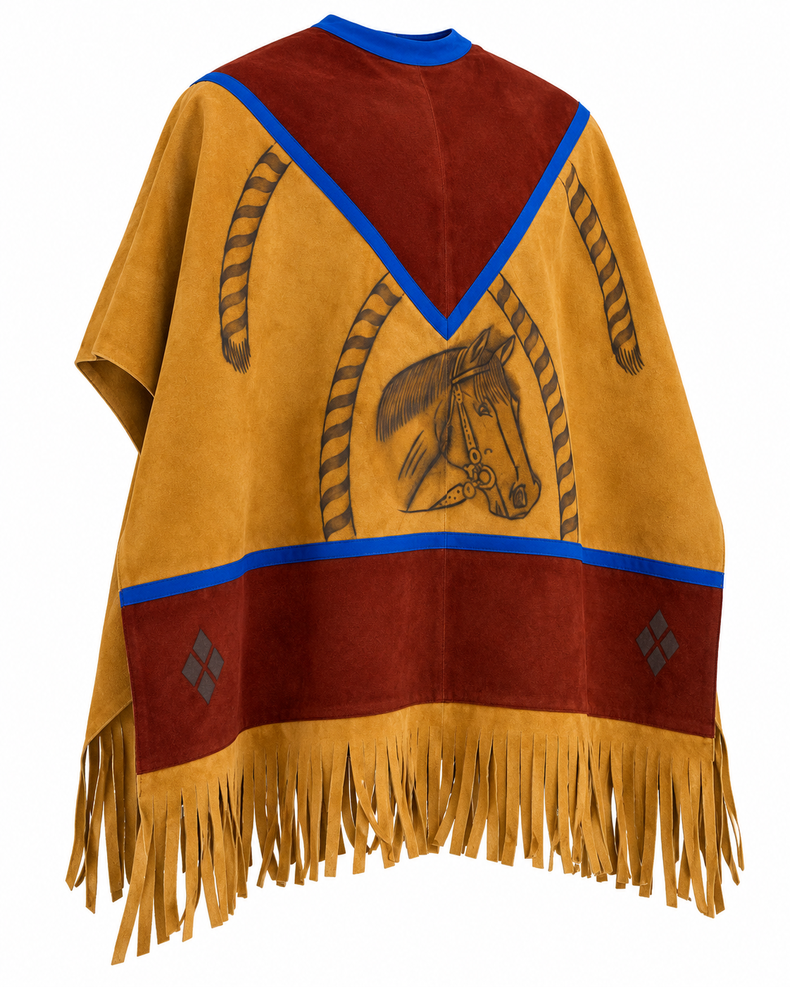 Men’s Western Cowboy Poncho Tan Burgundy Horse Design Fringe Ranch Rodeo Style