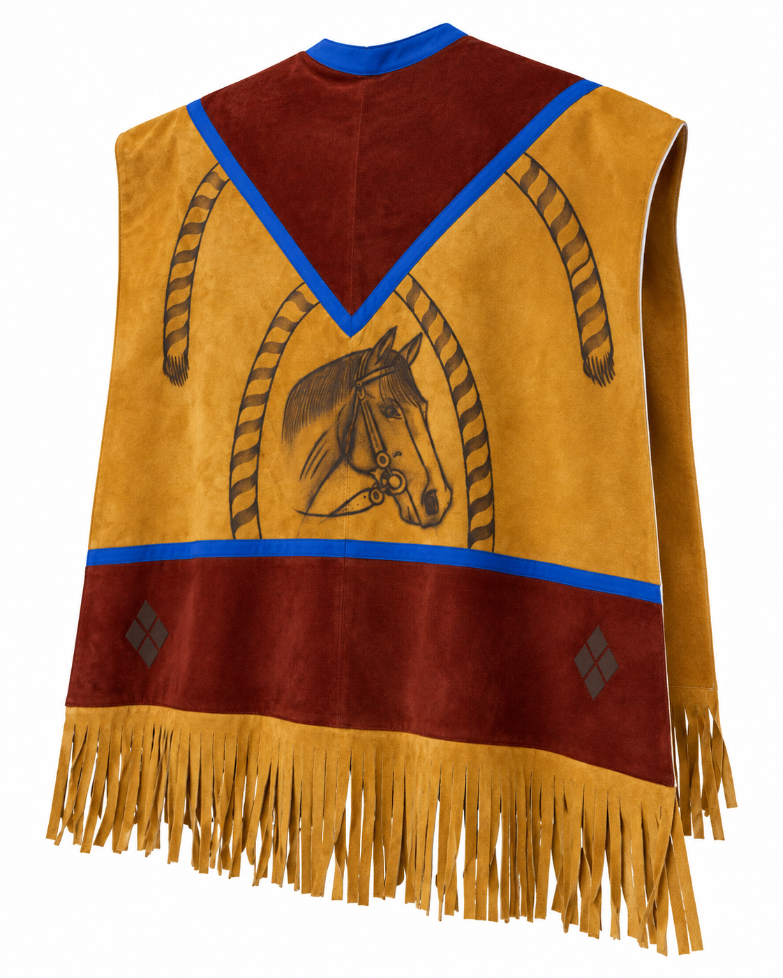 Men’s Western Cowboy Poncho Tan Burgundy Horse Design Fringe Ranch Rodeo Style