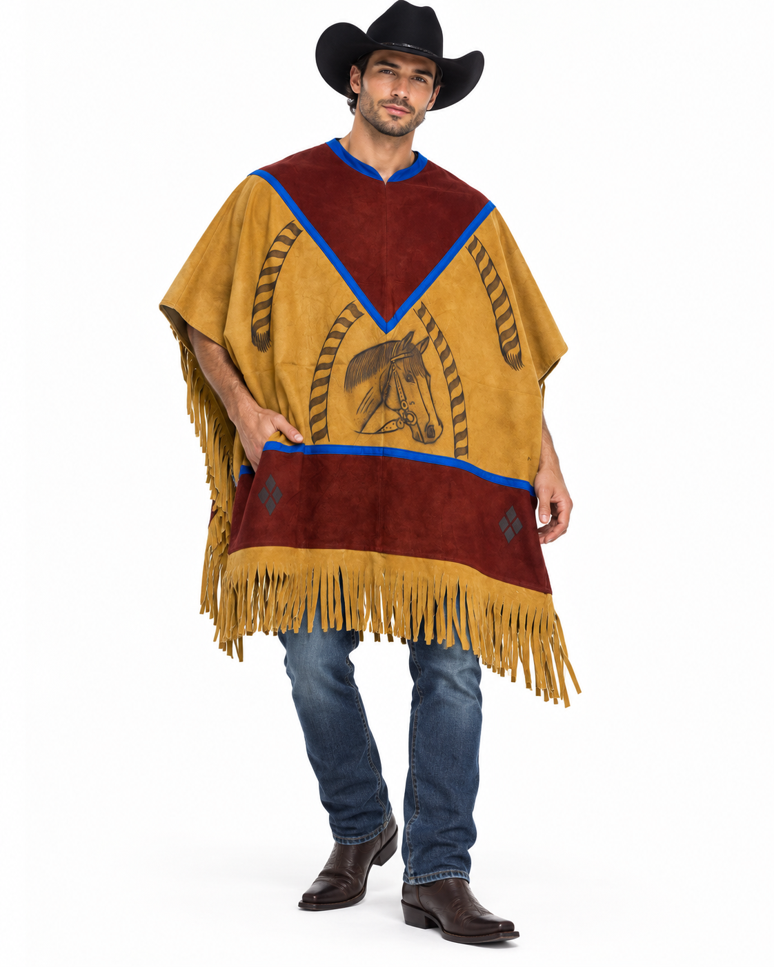Men’s Western Cowboy Poncho Tan Burgundy Horse Design Fringe Ranch Rodeo Style