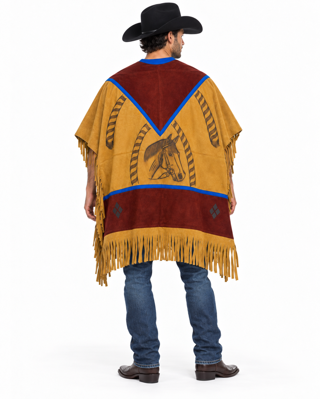 Men’s Western Cowboy Poncho Tan Burgundy Horse Design Fringe Ranch Rodeo Style