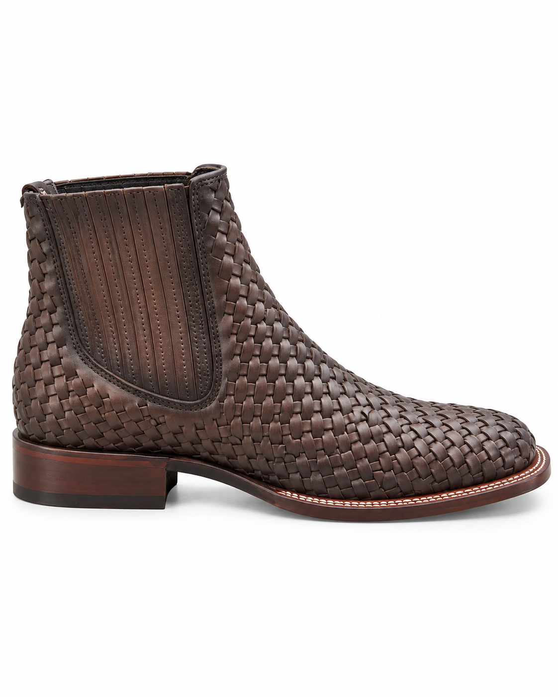 Men’s Brown Woven Leather Western Ankle Boots Square Toe Cowboy Chelsea Style