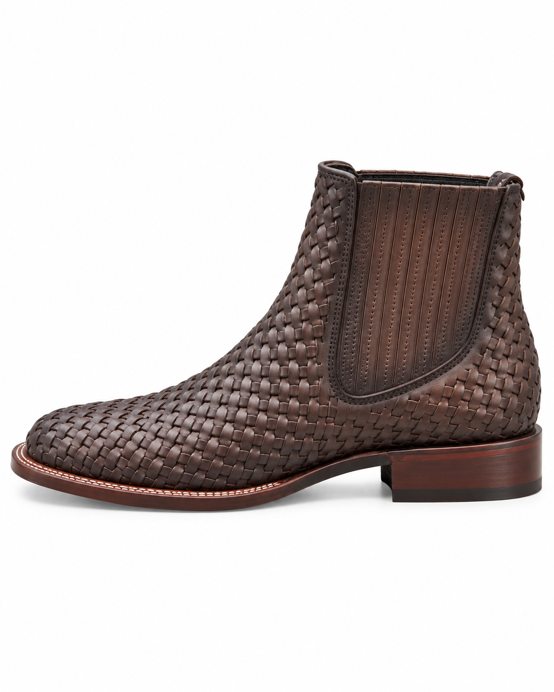 Men’s Brown Woven Leather Western Ankle Boots Square Toe Cowboy Chelsea Style