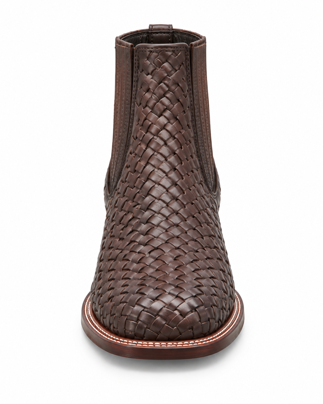 Men’s Brown Woven Leather Western Ankle Boots Square Toe Cowboy Chelsea Style