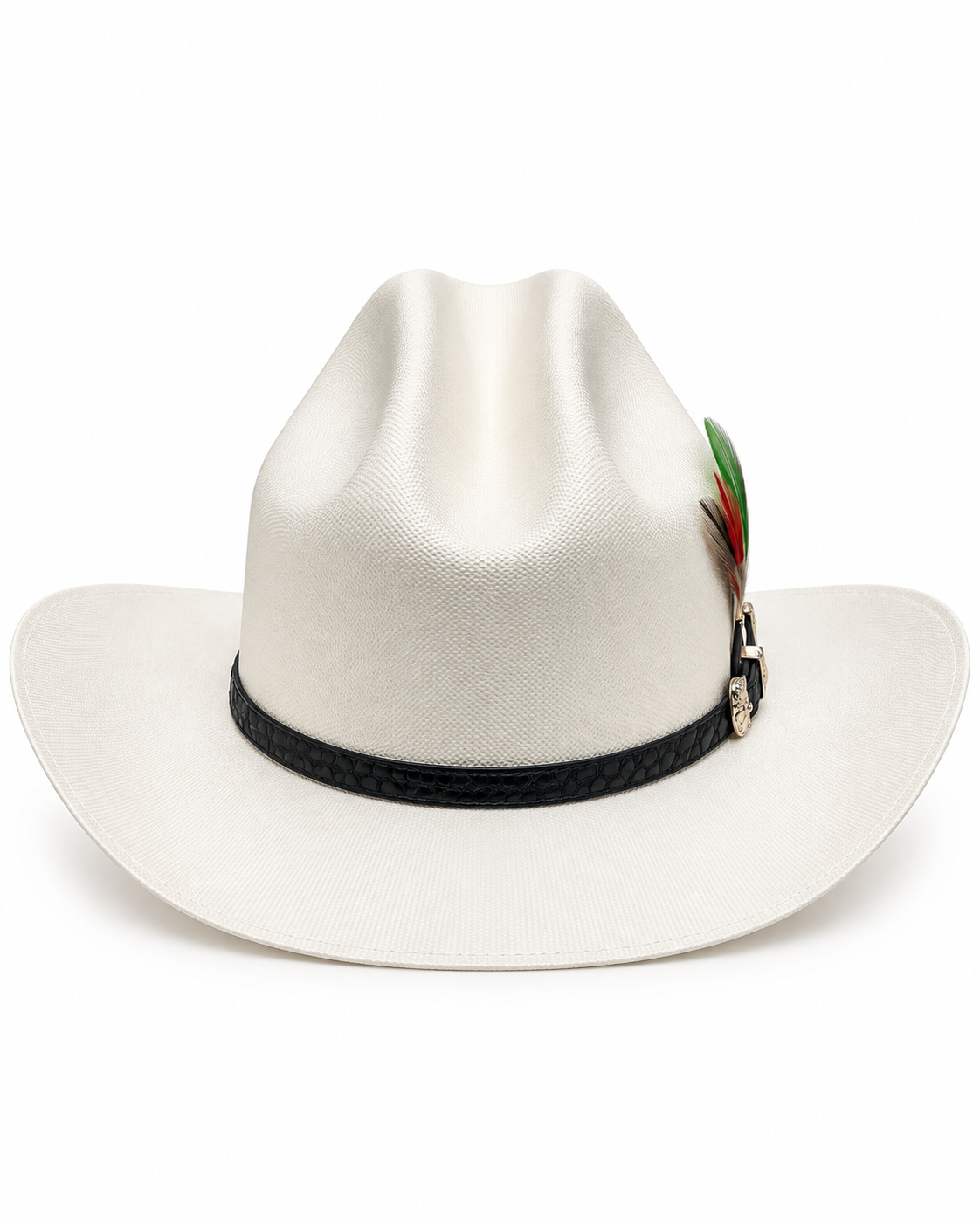 Men’s White Western Cowboy Hat with Feather Accent Black Band Gold Buckle