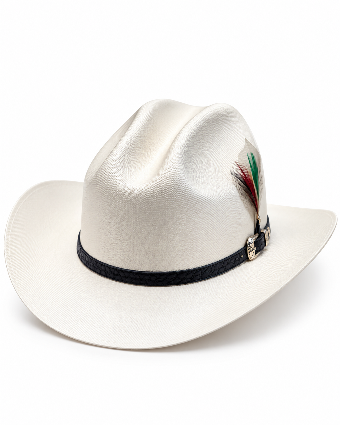 Men’s White Western Cowboy Hat with Feather Accent Black Band Gold Buckle