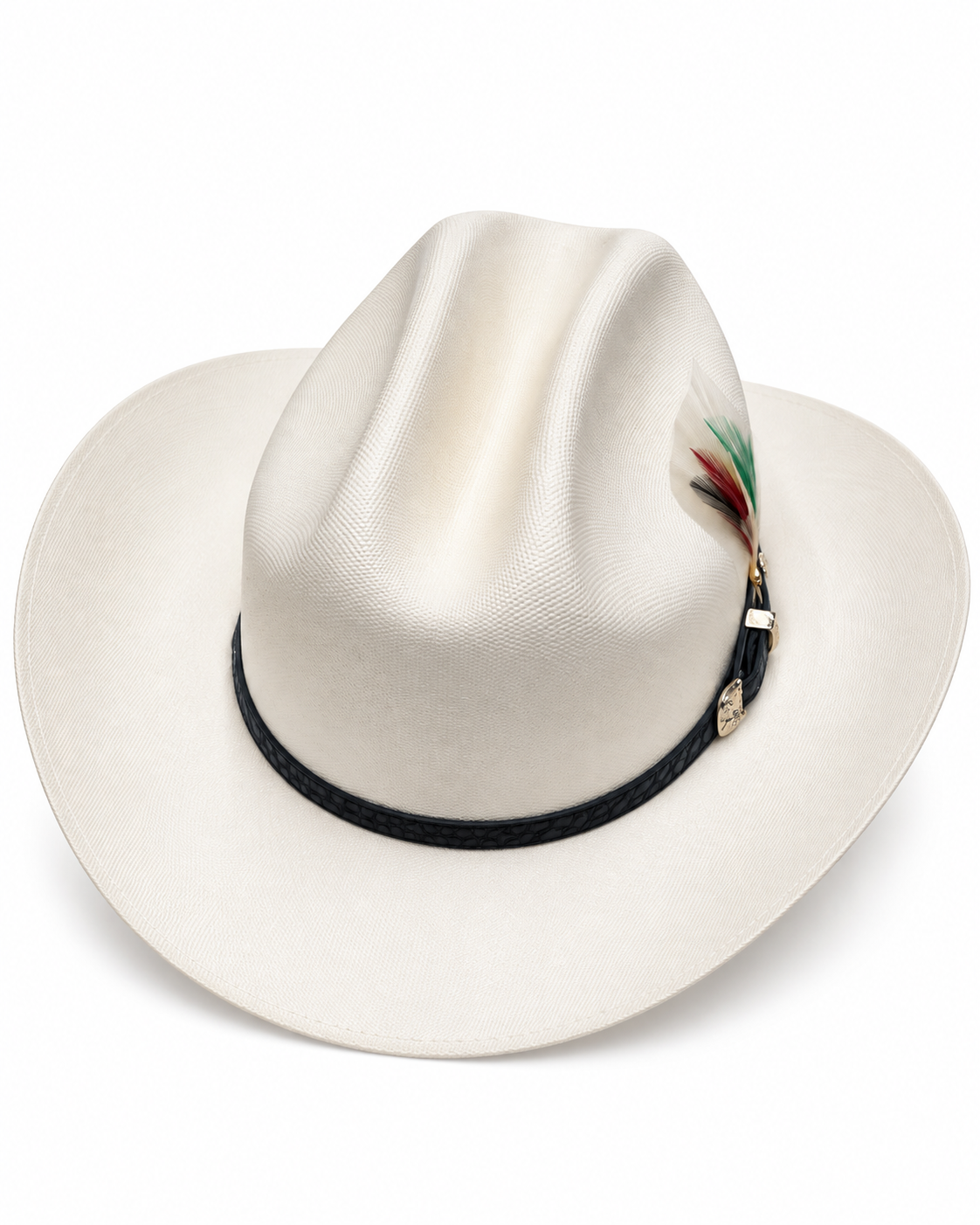 Men’s White Western Cowboy Hat with Feather Accent Black Band Gold Buckle