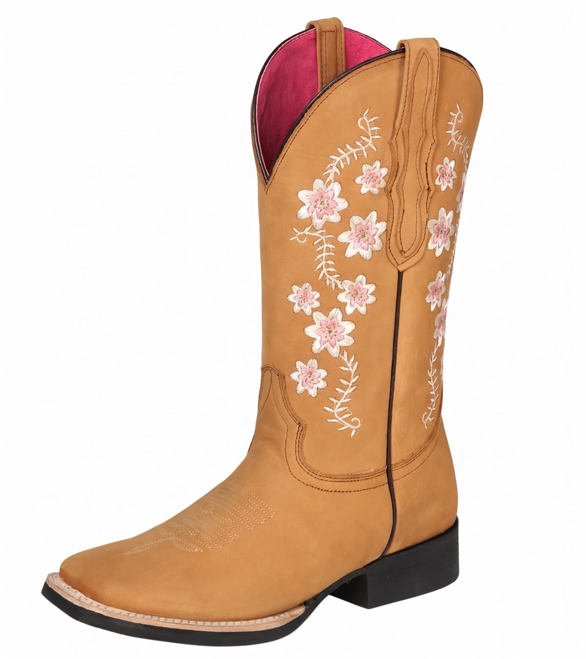 Women’s Floral Embroidered Cowgirl Boots  Light Brown Leather Square Toe Western Boots