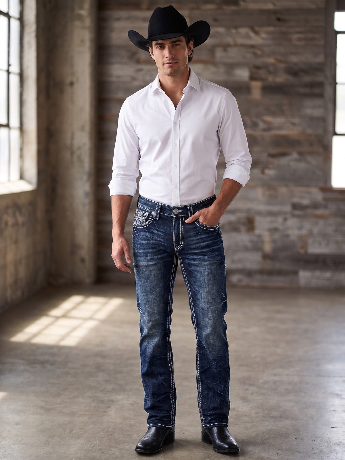 Men’s Western Jeans  Blue Denim Cross Back Pockets Distressed