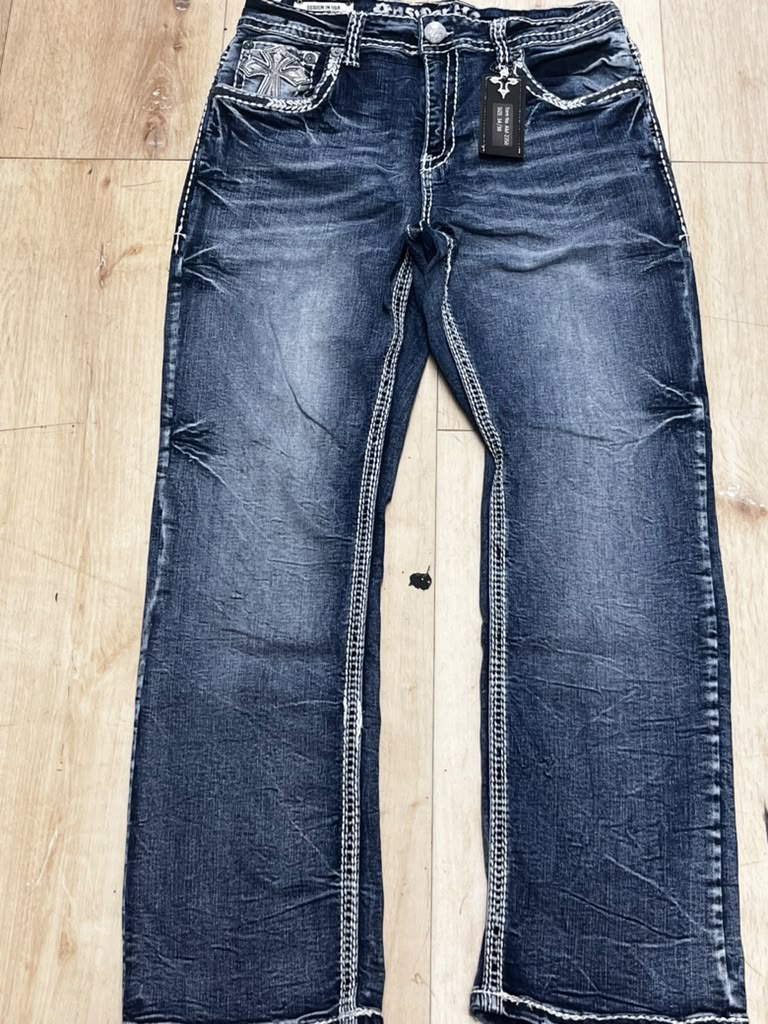 Men’s Western Jeans  Blue Denim Cross Back Pockets Distressed