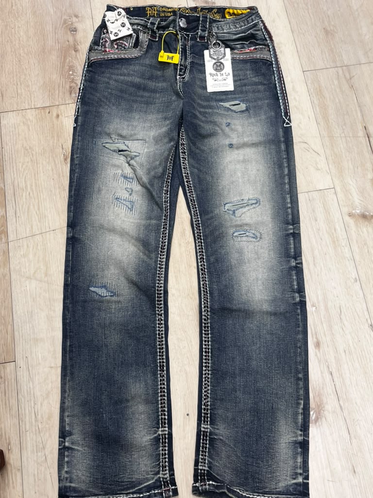 Men’s Western Jeans  Dark Blue Distressed Denim Embroidered Back Pockets