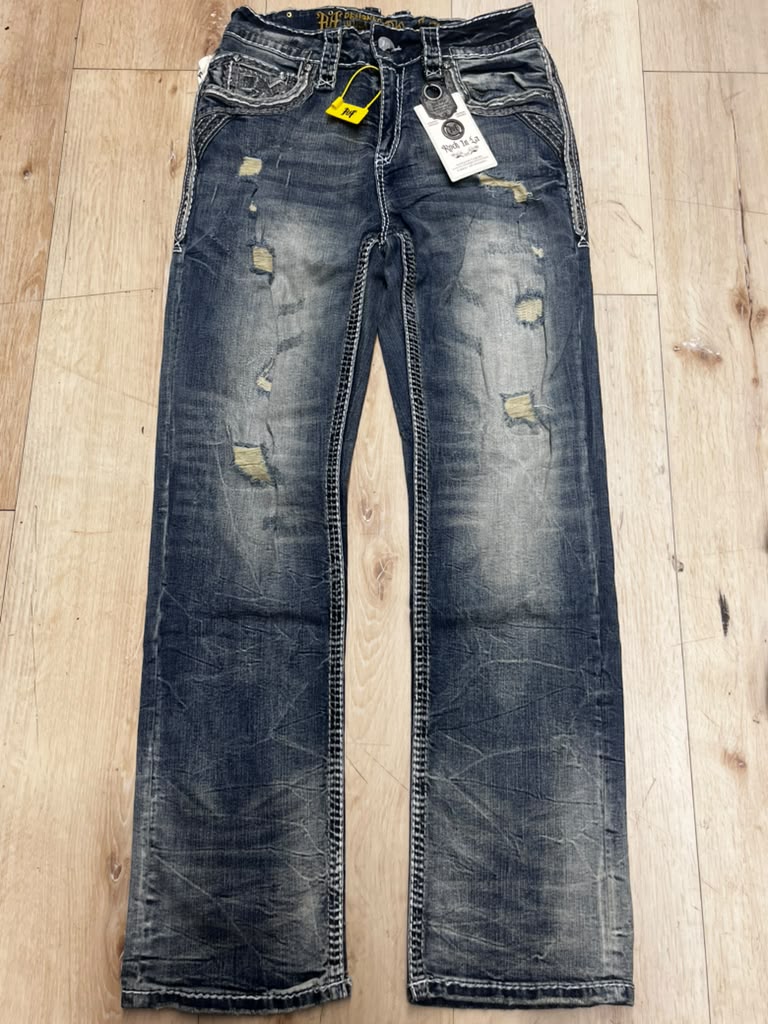 Men’s Distressed Western Jeans Dark Blue Denim Heavy Stitching Straight Leg