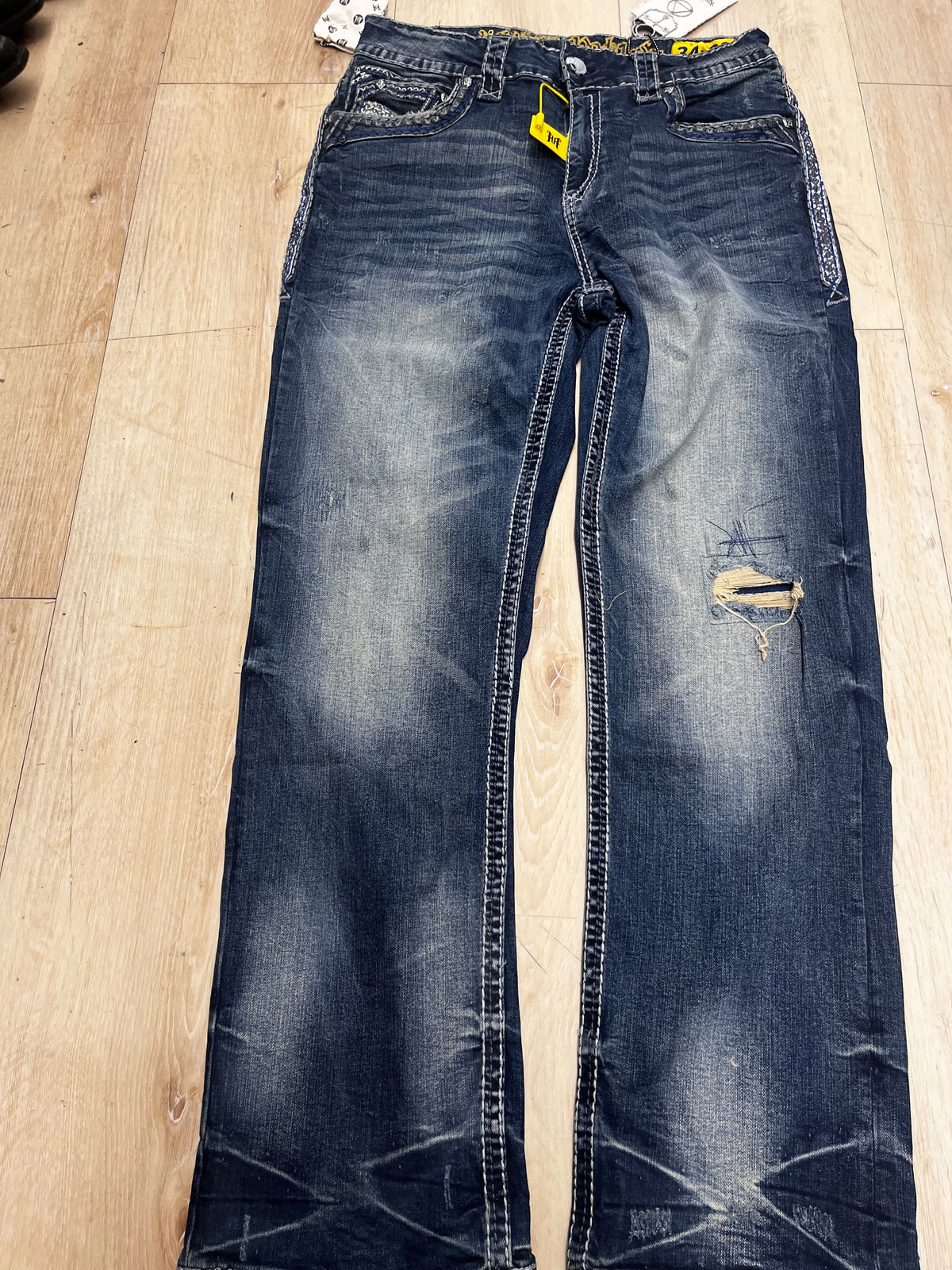 Men’s Distressed Denim Jeans Dark Wash Thick Stitch Bootcut / Straight Leg Jeans