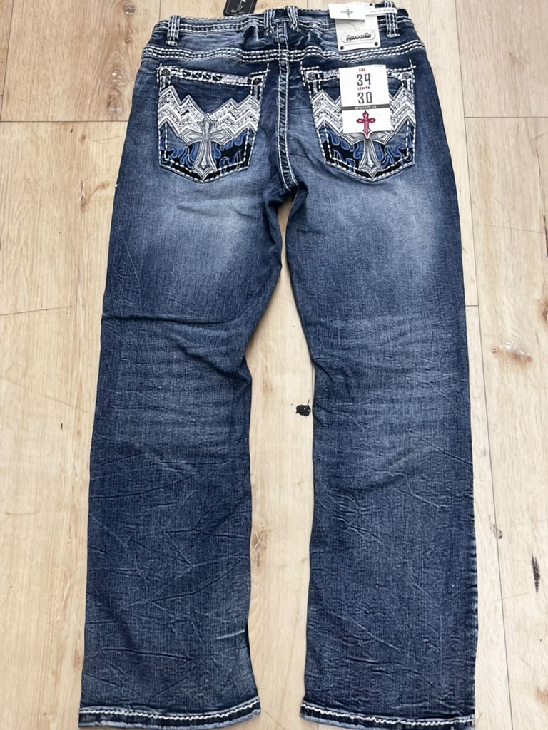 Men’s Western Jeans  Blue Denim Cross Back Pockets Distressed