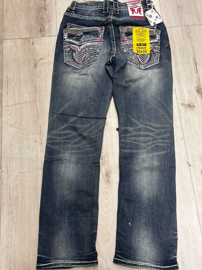 Men’s Western Jeans  Dark Blue Distressed Denim Embroidered Back Pockets