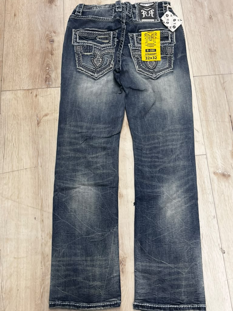 Men’s Distressed Western Jeans Dark Blue Denim Heavy Stitching Straight Leg