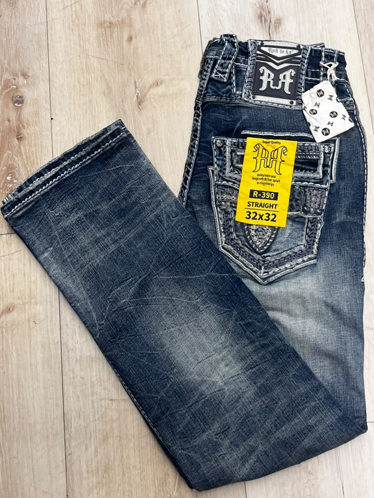 Men’s Distressed Western Jeans Dark Blue Denim Heavy Stitching Straight Leg