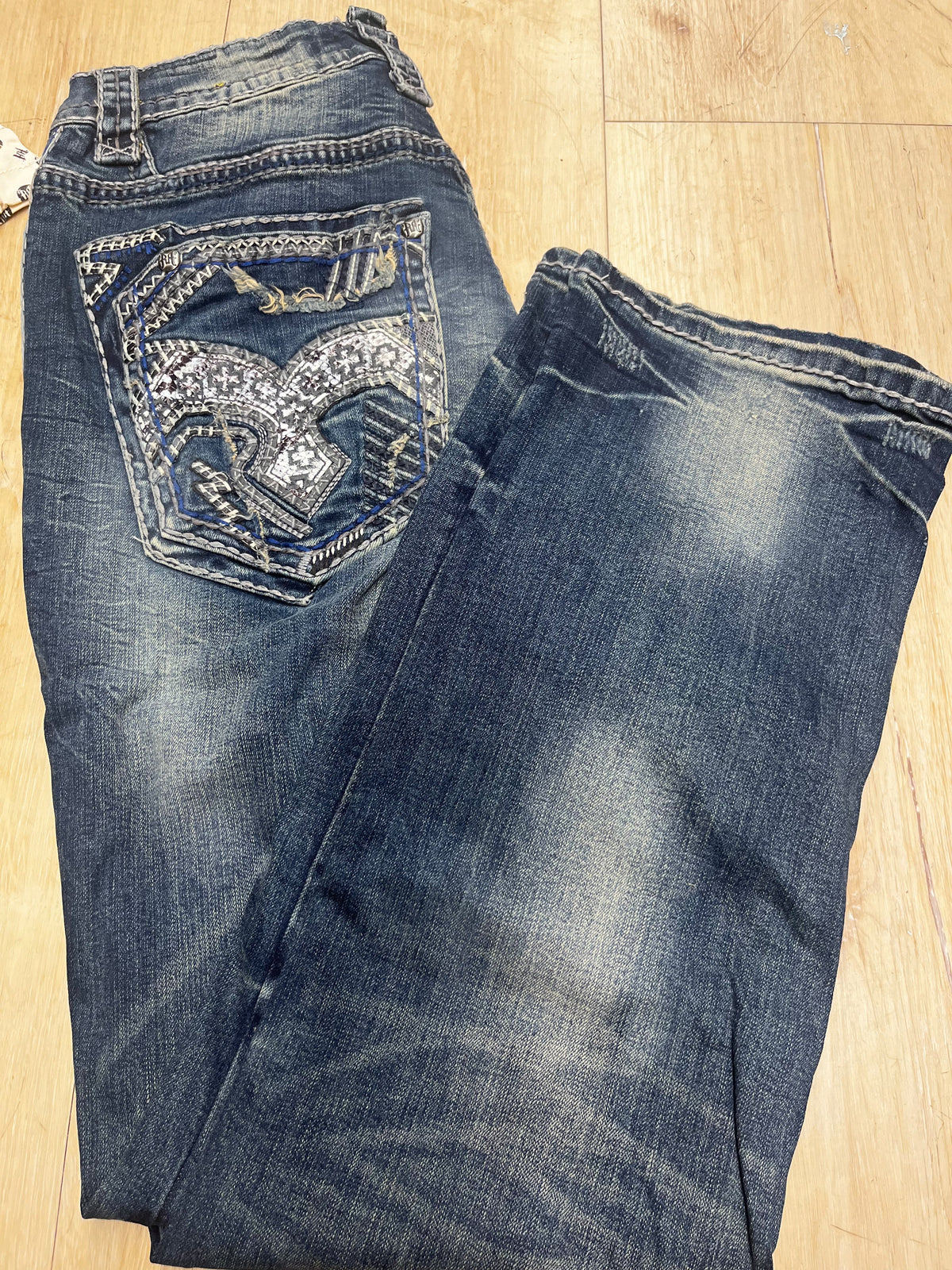 Men’s Distressed Denim Jeans Dark Wash Thick Stitch Bootcut / Straight Leg Jeans