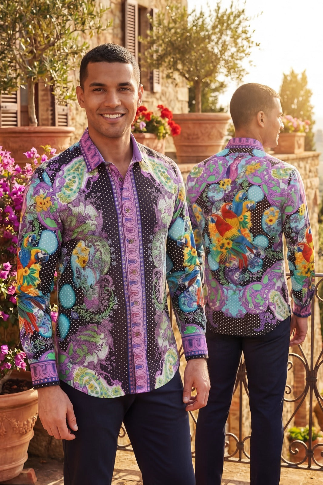 Men’s Black Purple Baroque Parrot Print Long Sleeve Button-Up Shirt Luxury Western Style
