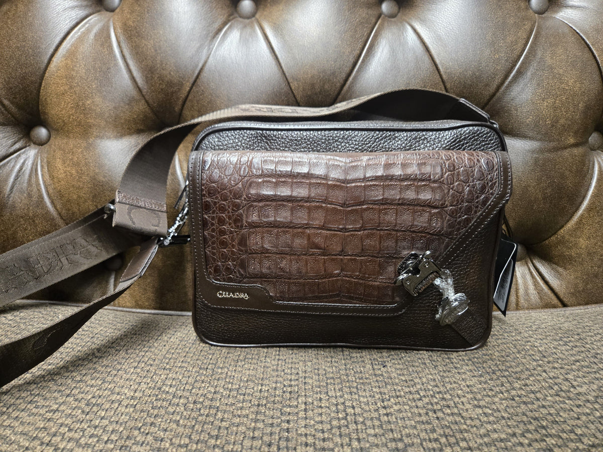 Men's&nbsp; Brown Crocodile-Embossed Leather Crossbody Shoulder Bag