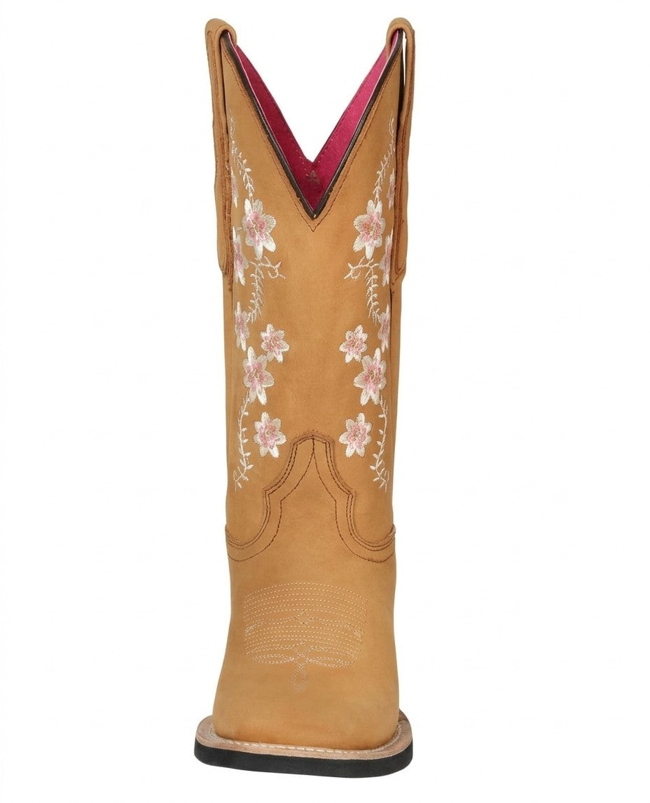 Women’s Floral Embroidered Cowgirl Boots  Light Brown Leather Square Toe Western Boots
