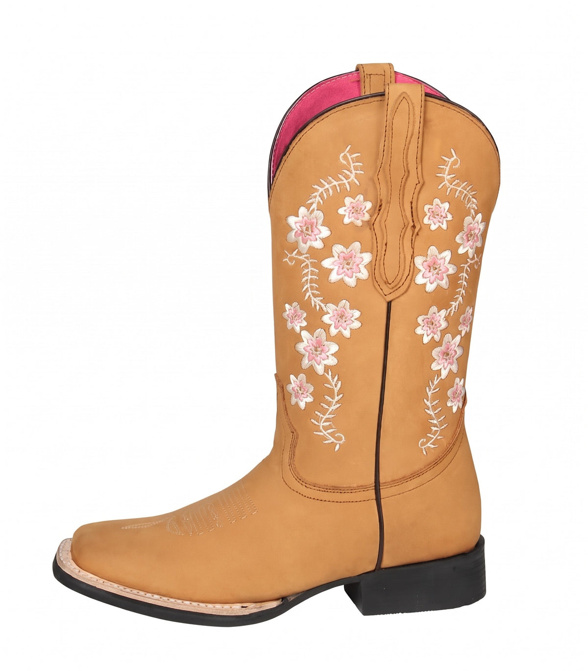 Women’s Floral Embroidered Cowgirl Boots  Light Brown Leather Square Toe Western Boots