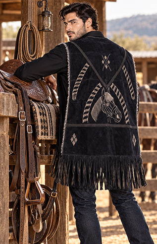 Men’s Black Western Suede Poncho Horse Design Fringe Cowboy Ranch Mexican Style
