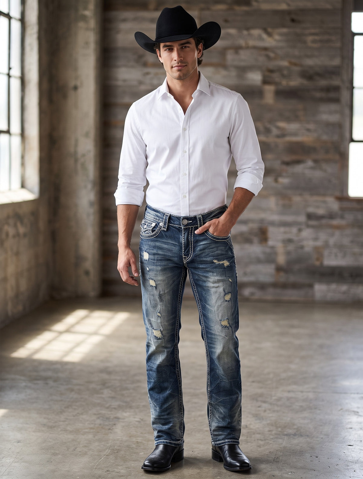 Men’s Distressed Western Jeans Dark Blue Denim Heavy Stitching Straight Leg