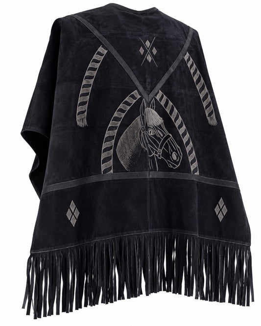 Men’s Black Western Suede Poncho Horse Design Fringe Cowboy Ranch Mexican Style
