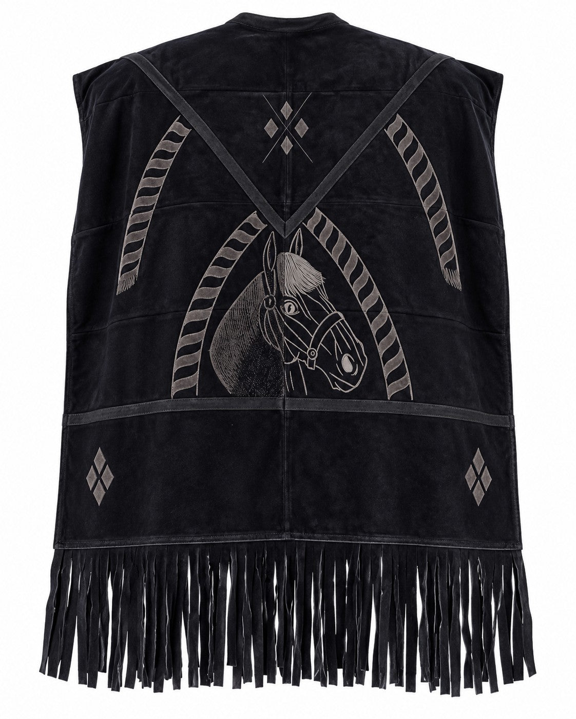 Men’s Black Western Suede Poncho Horse Design Fringe Cowboy Ranch Mexican Style